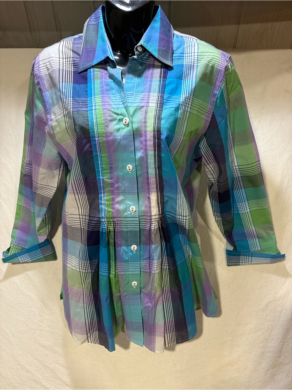 Foxcroft Multicolor Plaid Teal Purple Green Button Up Shirt Size 4